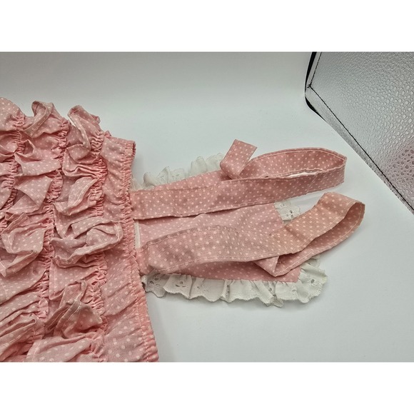 VTG Girls PINK GINGHAM RUFFLED Overall Romper Shorts Bib 12 mos 70s PLAID - Picture 9 of 11